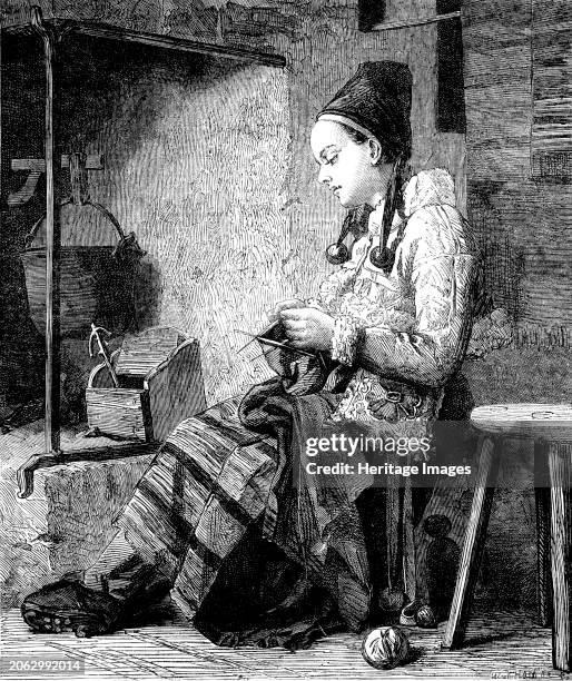 The International Exhibition - "Girl of the Parish of Rattvik, in Decarlia, by the Fireside", by Johan Frederick Hockert, 1862. Engraving of a...