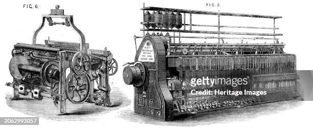 The International Exhibition - cotton manufacture: machinery of Platt Brothers, Oldham, 1862. Fig. 6 the Power-loom; Fig. 5. The Roving-machine. From...