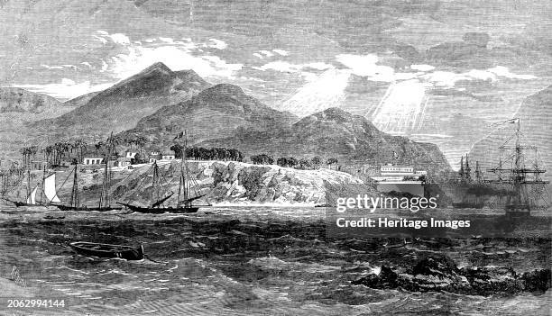 Town and port of Acapulco, on the west coast of Mexico, with the English and French squadron lying in the harbour, 1862. Engraving from a sketch by...