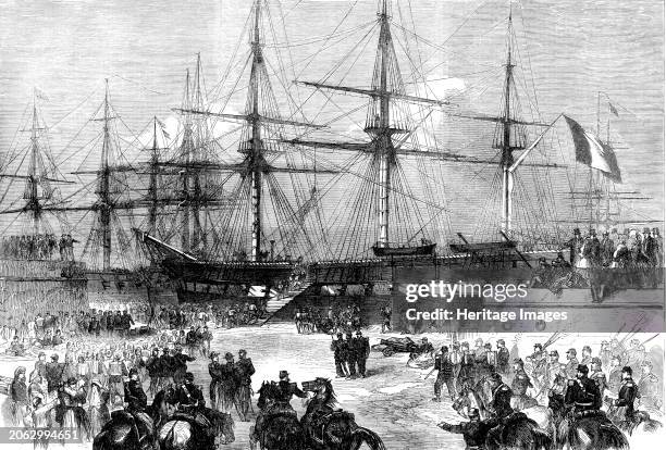 Preparations at Cherbourg for the departure of reinforcements for Mexico, 1862. Engraving from a sketch by M. Lix. 'From the beginning of July the...