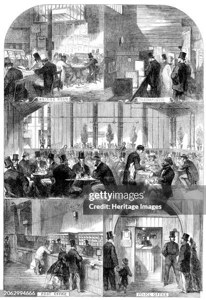 The International Exhibition - Writing Room; Telegraph Office; Smoking Room; Post Office; Police Office, 1862. 'In the centre of the Letter-writing...