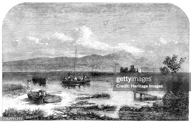 Angling in Scotland - an angling match on Loch Leven, 1862. Engraving from a sketch by J. R. Prentice. 'Little can be said by naturalists about this...