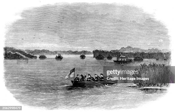 The Civil War in America: position of the Federal flotilla on the Mississippi, off Fort Pillow, shortly before its evacuation, from a sketch by our...