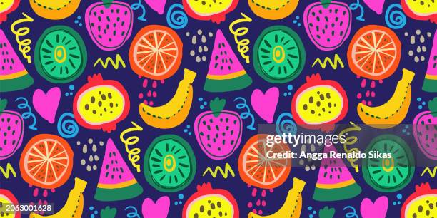 colorful tropical fruits doodle seamless pattern - tropical fruit stock illustrations
