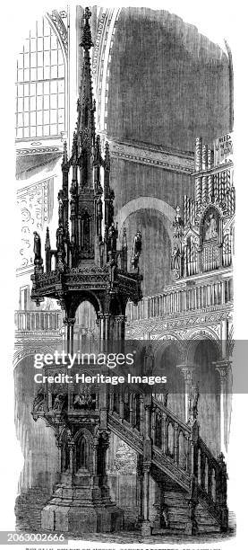 The International Exhibition: Belgian pulpit by Messrs. Goyers Brothers of Louvain, 1862. 'The Belgian carved pulpit...may be said to be fully an...