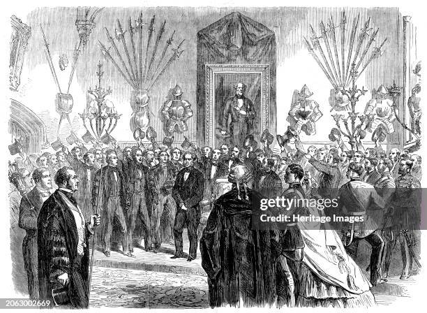 Presentation of Lord Palmerston's portrait to the inhabitants of Dover - the Premier addressing the town council in the Maison Dieu Hall, 1862....