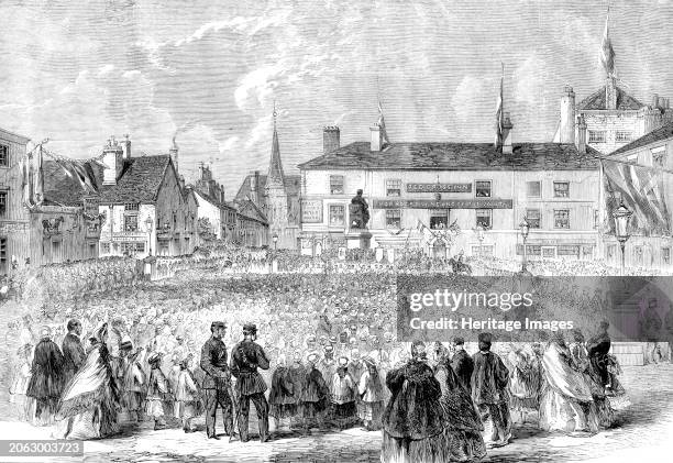 Inauguration of the statue to Samuel Crompton, inventor of the spinning-mule, in Nelson-square, Bolton: Sunday-school children singing the national...