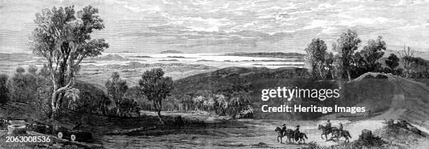 The Firth of the Thames, Waitemata, and Tamaki, and Gulf of Hauraki, Auckland, New Zealand, as seen from the Howick Ranges - from a drawing by Major...