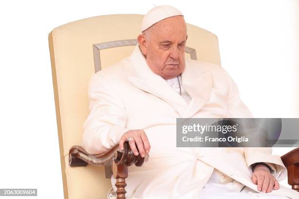 Pope Francis attends his weekly audience at St. Peter's Square on March 06, 2024 in Vatican City, Vatican. As he greeted Italian-speaking pilgrims,...