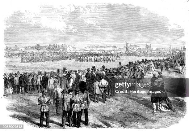 Presentation of Colours to the Victoria Rifles at Montreal, Canada, 1862. Engraving from a photograph by Mr. Notman. 'The Victoria Rifle Corps,...