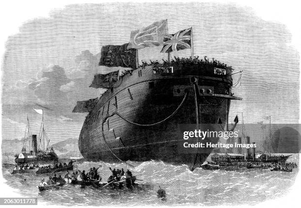 The new iron-clad fleet: launch at Chatham Dockyard of H.M.S. Frigate Royal Oak, 50 guns, 1862. '...the first completed of a new class of wooden...