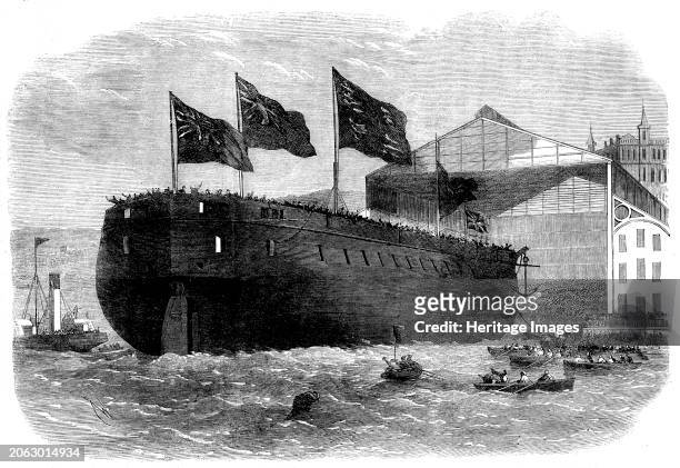 Launch of Her Majesty's armour-plated screw-frigate Caledonia, 31 guns, at Woolwich, [London], 1862. '...the vessel having been named by Miss...