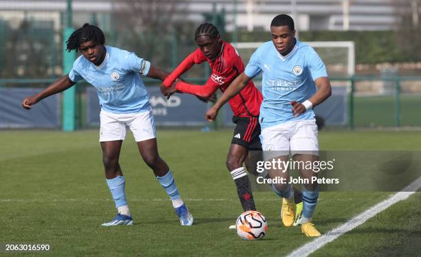 Bendito Mantato of Manchester United in action during the U18 Premier League match between Manchester City U18 and Manchester United U18 at Joie...