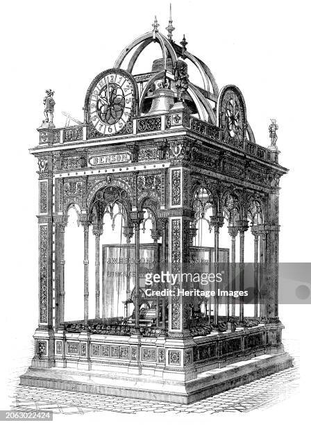 The International Exhibition: Mr. Benson's Trophy, 1862. 'The ornamental case supporting the bells was of carton pierre, strengthened with iron...