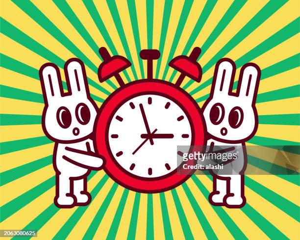 illustrations, cliparts, dessins animés et icônes de deux lapins mignons tenant un grand réveil ensemble - giant rabbit