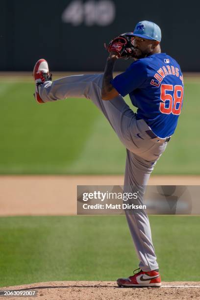 Carl Edwards, Jr. Of the Chicago Cubs pitches in a Spring Training game at Camelback Ranch on March 2, 2024 in Glendale, Arizona.
