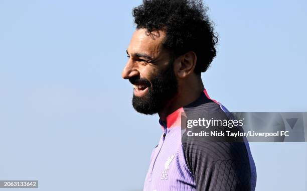 Mohamed Salah of Liverpool during a training session at AXA Training Centre prior to the UEFA Europa League 2023/24 round of 16 first leg training...