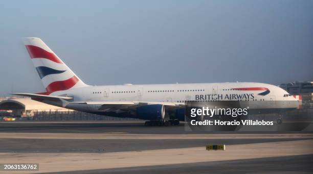 British Airways Airbus A380 airplane taxies for take-off on a hazy morning at Dubai International Airport on March 06 in Dubai, United Arab Emirates....