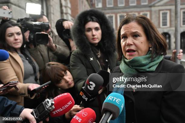 Sinn Fein leader Mary Lou McDonald speaks to the media outside Dublin castle following the referendum on March 9, 2024 in Dublin, Ireland. Counting...