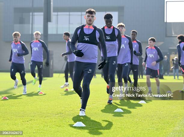 Andrew Robertson of Liverpool during a training session at AXA Training Centre prior to the UEFA Europa League 2023/24 round of 16 first leg training...