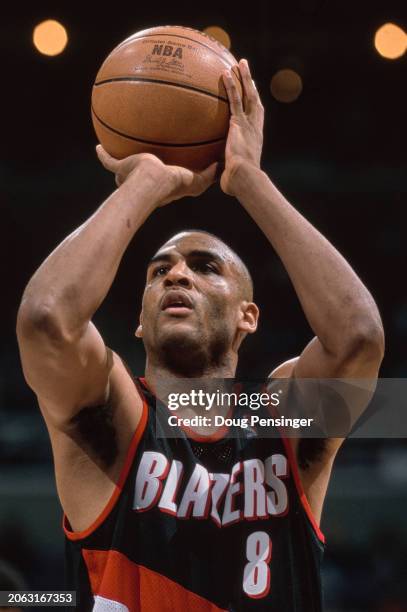 Steve Smith, Shooting Guard for the Portland Trail Blazers prepares to make a free throw shot during the NBA Atlantic Division basketball game...