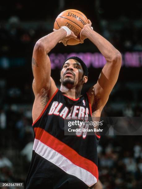 Rasheed Wallace, Power Forward and Center for the Portland Trail Blazers prepares to make a free throw shot during the NBA Midwest Division...