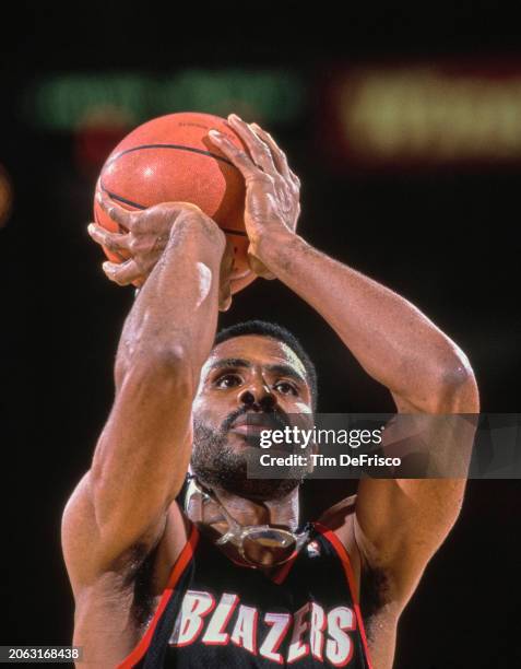 Buck Williams, Power Forward for the Portland Trail Blazers prepares to make a free throw attempt during the NBA Midwest Division basketball game...