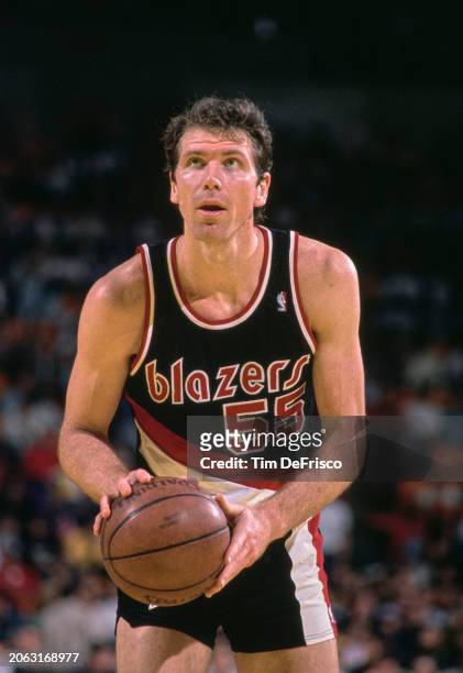 Kiki VanDeWeghe, Small Forward and Power Forward for the Portland Trail Blazers prepares to make a free throw during the NBA Pacific Division...