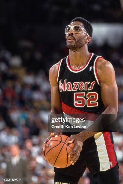 Buck Williams, Power Forward for the Portland Trail Blazers prepares to make a free throw shot during the NBA Pacific Division basketball game...