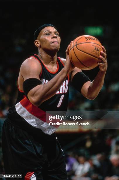 Bonzi Wells, Shooting Guard and Small Forward for the Portland Trail Blazers prepares to make a free throw shot to the basket during the NBA Central...