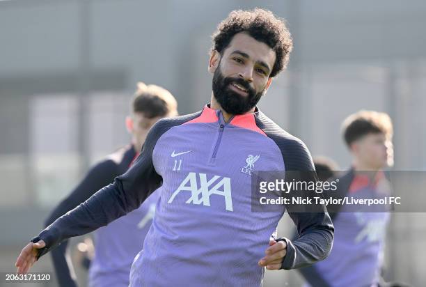 Mohamed Salah of Liverpool during a training session at AXA Training Centre prior to the UEFA Europa League 2023/24 round of 16 first leg training...
