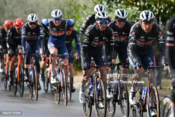 Julian Alaphilippe of France and Jordi Warlop of Belgium and Team Soudal-Quickstep compete in heavy rain during the 59th Tirreno-Adriatico 2024,...