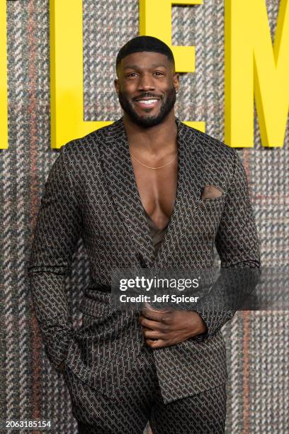 Toby Olubi A.K.A. Phantom from Gladiators attends the UK Series Global Premiere of "The Gentlemen" at the Theatre Royal Drury Lane on March 05, 2024...