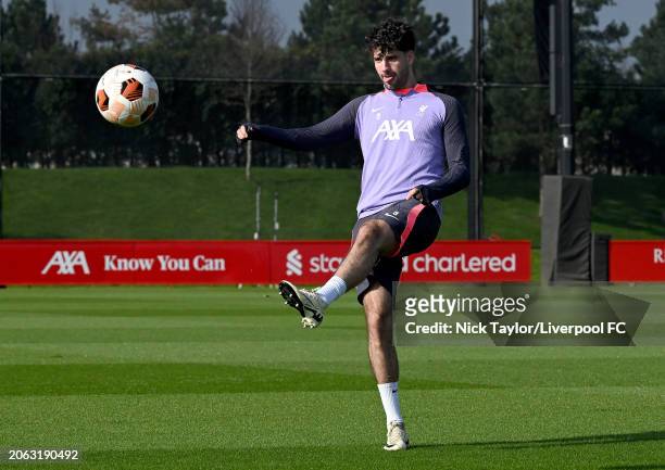 Dominik Szoboszlai of Liverpool during a training session at AXA Training Centre prior to the UEFA Europa League 2023/24 round of 16 first leg...