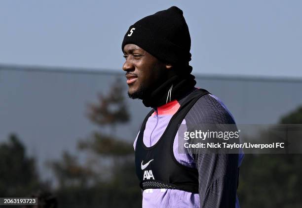 Ibrahima Konate of Liverpool during a training session at AXA Training Centre prior to the UEFA Europa League 2023/24 round of 16 first leg training...