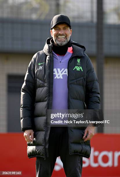 Manager Jurgen Klopp of Liverpool during a training session at AXA Training Centre prior to the UEFA Europa League 2023/24 round of 16 first leg...