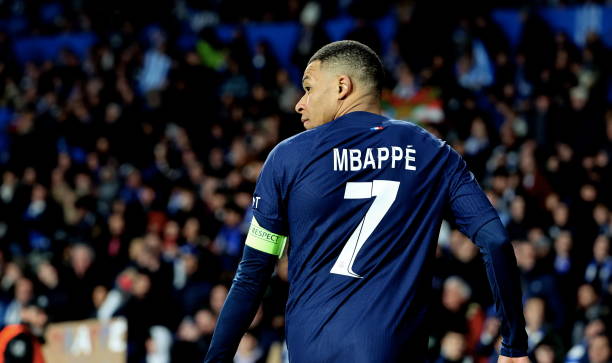 Kylian Mbappe of Paris Saint-Germain reacts during the UEFA Champions League 2023/24 round of 16 second leg match between Real Sociedad and Paris...