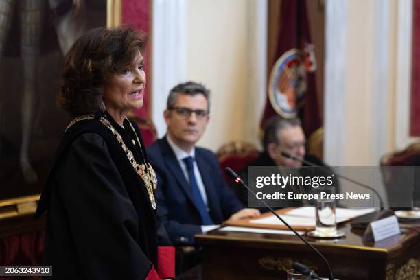 The new president of the Council of State, Carmen Calvo, during the act of her inauguration as new president of the Council of State, at the Palacio...