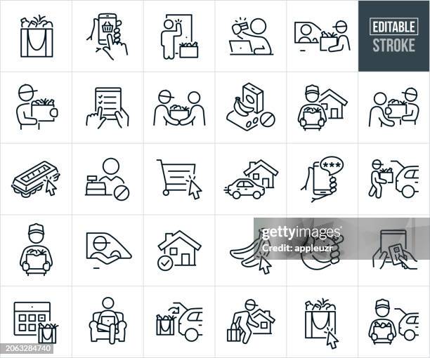 grocery delivery and curbside grocery pickup thin line icons - editable stroke - merchants clip art stock illustrations