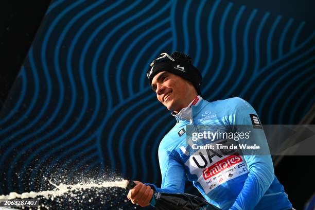 Juan Ayuso of Spain and UAE Emirates Team - Blue Leader Jersey celebrates at podium during the 59th Tirreno-Adriatico 2024, Stage 3 a 225km stage...