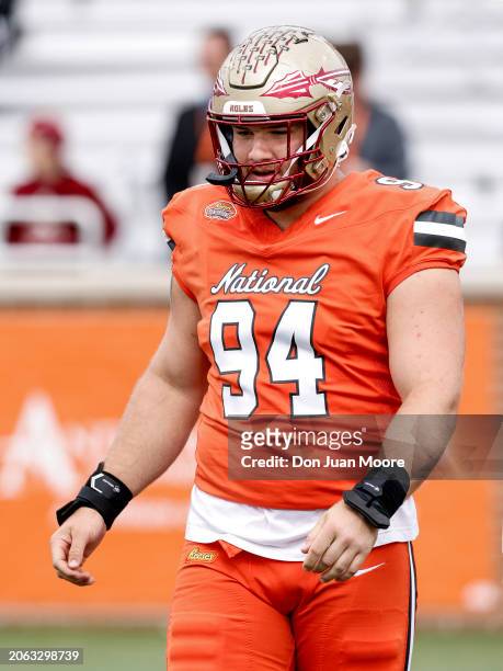 Defensive Lineman Braden Fiske of Florida State from the National Team warms up prior to the start of the 2024 Reese's Senior Bowl at Hancock Whitney...