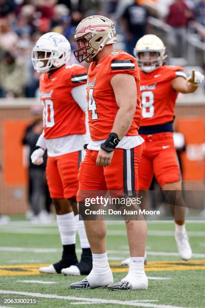 Defensive Lineman Braden Fiske of Florida State from the National Team lines up during the 2024 Reese's Senior Bowl at Hancock Whitney Stadium on the...