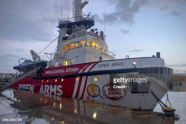 This handout picture released by the Spanish humanitarian NGO Proactiva Open Arms on March 9, 2024 shows the vessel, also called Open Arms, docked in...