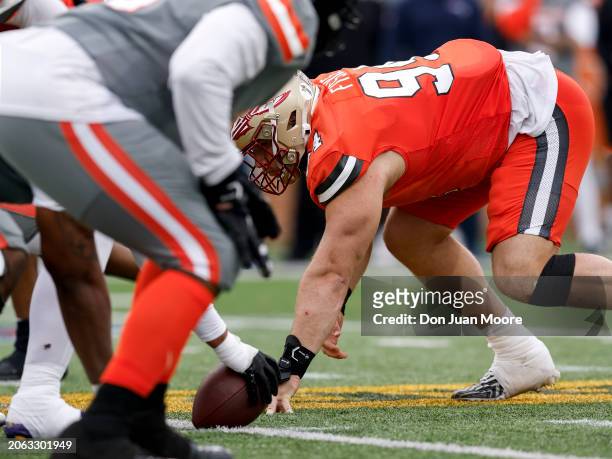 Defensive Lineman Braden Fiske of Florida State from the National Team lines up at the line of scrimmage during the 2024 Reese's Senior Bowl at...