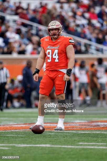 Defensive Lineman Braden Fiske of Florida State from the National Team during the 2024 Reese's Senior Bowl at Hancock Whitney Stadium on the campus...