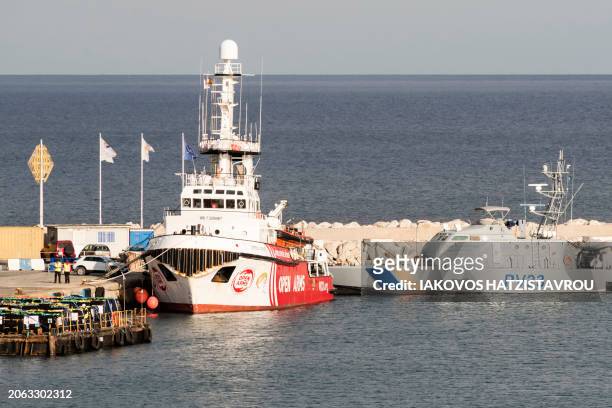 The Open Arms vessel, carrying two-hundred tonnes of food aid to Gaza, is seen docked in the Cypriot port of Larnaca on March 9, 2024. A spokeswoman...