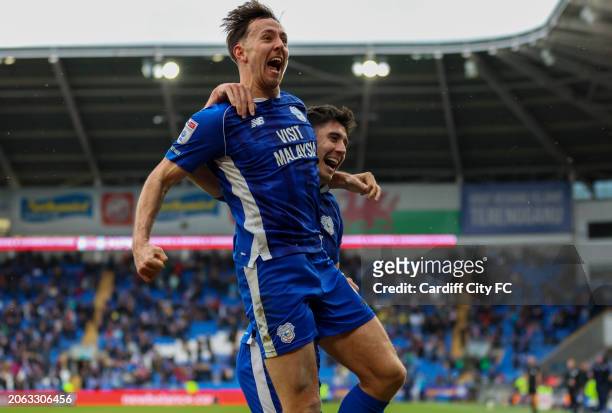 Ryan Wintle celebrates scoring the equaliser for Cardiff City FC during the Sky Bet Championship match between Cardiff City and Ipswich Town at...