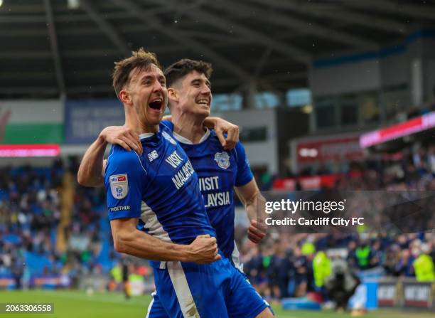 Ryan Wintle celebrates scoring the equaliser for Cardiff City FC during the Sky Bet Championship match between Cardiff City and Ipswich Town at...