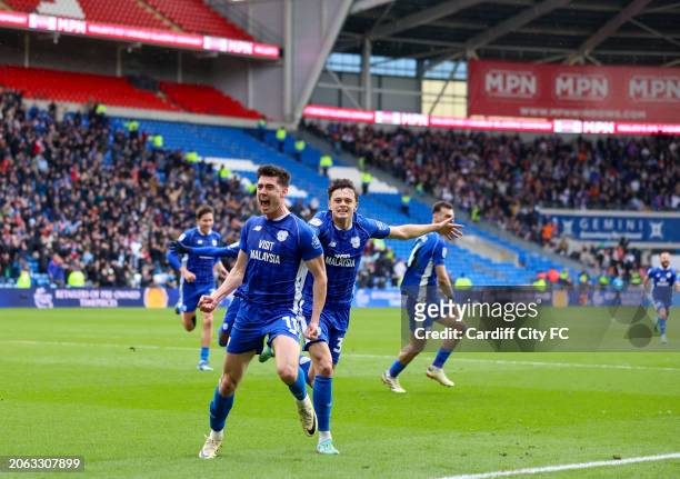 Callum O'Dowda celebrates scoring the wining goal for Cardiff City FC during the Sky Bet Championship match between Cardiff City and Ipswich Town at...