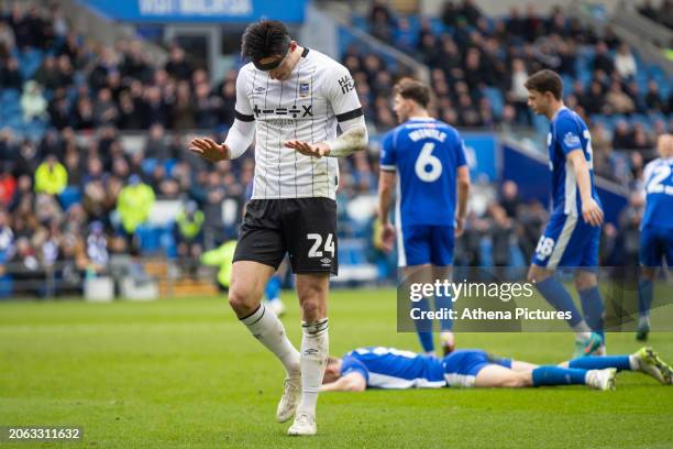 Kieffer Moore of Ipswich Town celebrates scoring against his former team during the Sky Bet Championship match between Cardiff City and Ipswich Town...